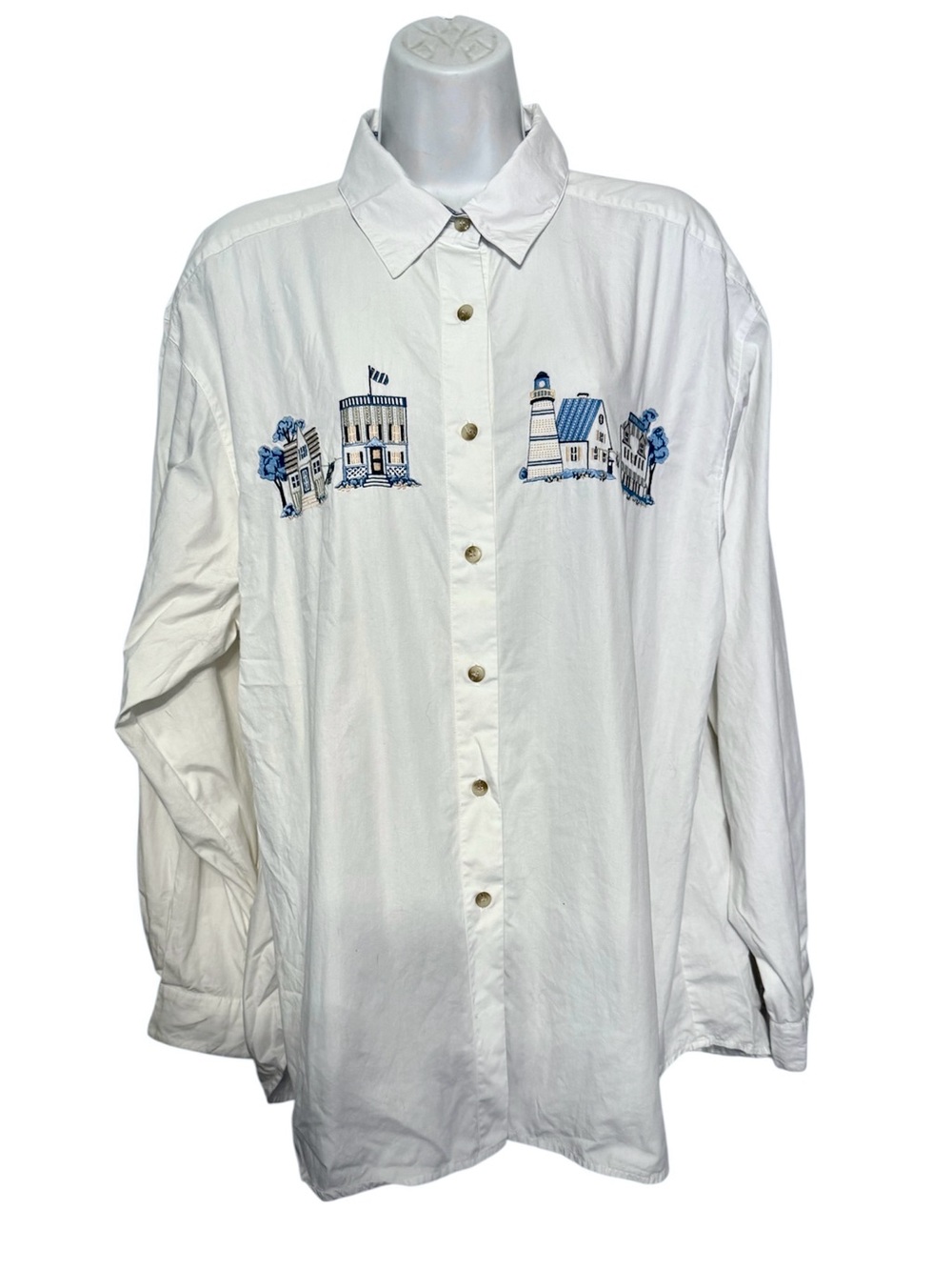 Vintage David Brooks Nantucket Lighthouse Coastal Embroidered Button Up Shirt 1X